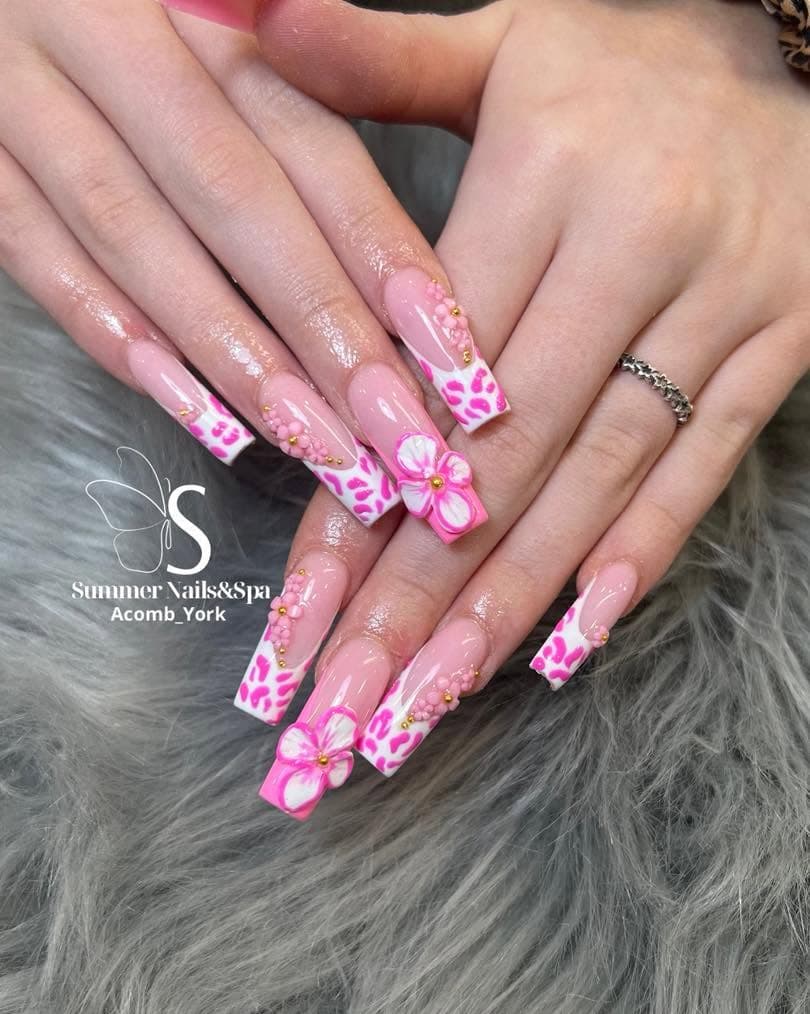 Long square nails with pink leopard print and 3D flowers